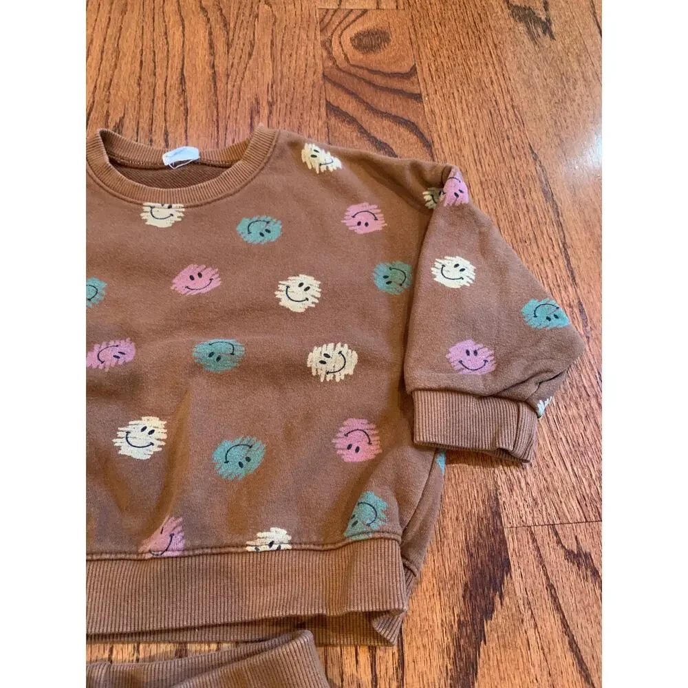 Smitn Bebe Scribble Happy Face Cotton Matching Sweatsuit Set | Brown | Small